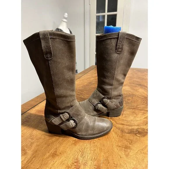 Born Women’s 6 Magda Tall Distressed Buckle Riding Boots Barnwood Brown - Picture 1 of 10